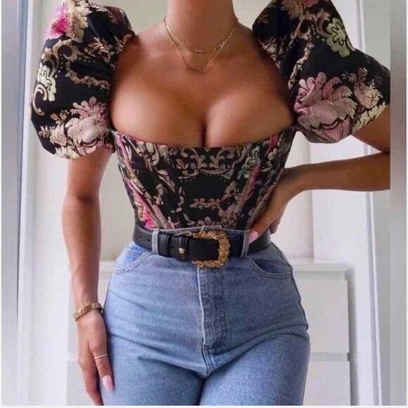 BOUTIQUE PUFF SLEEVE BUSTIER BROCADE JACQUARD CROP TOP, MEDIUM - Picture 5 of 10